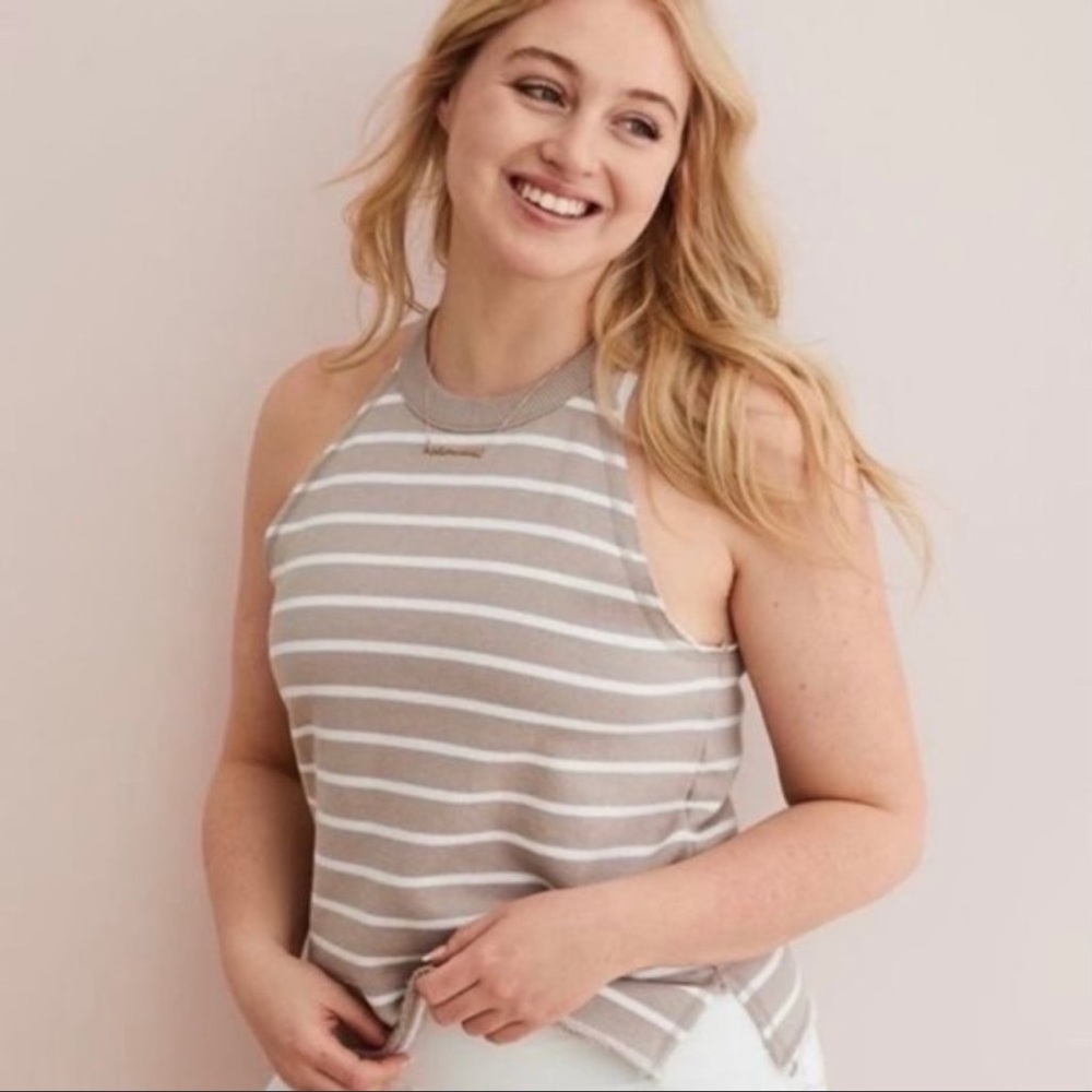 American Eagle Women's Medium White Tan Sweater Striped Terry Halter Tank Top C4